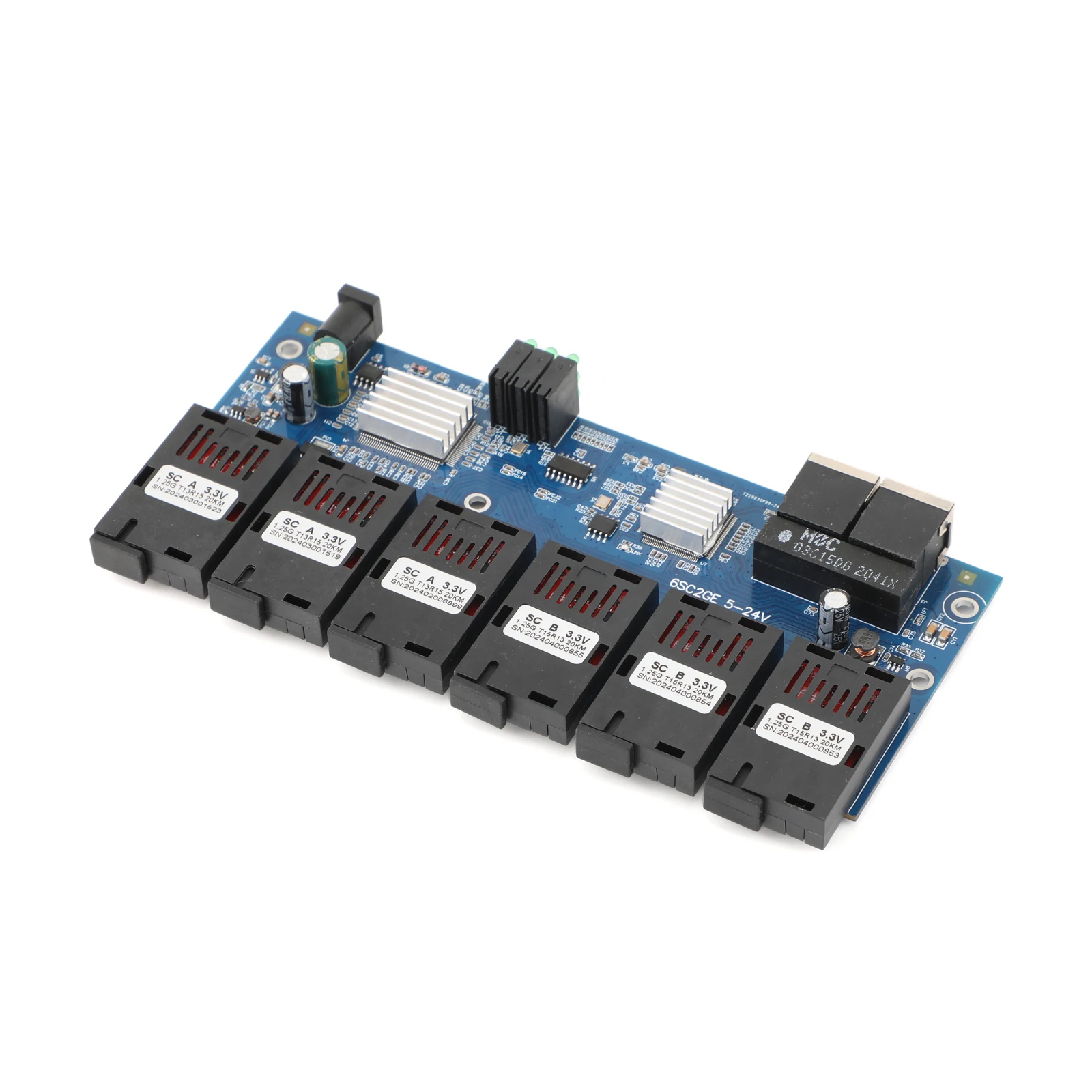 PCBA Board 100N/1000M Fiber Optic Media Converter 2 RJ45 to 6 SC 3A+3B Ports 1.25G Connector 1310nm/1550nm 20KM Ethernet Switch