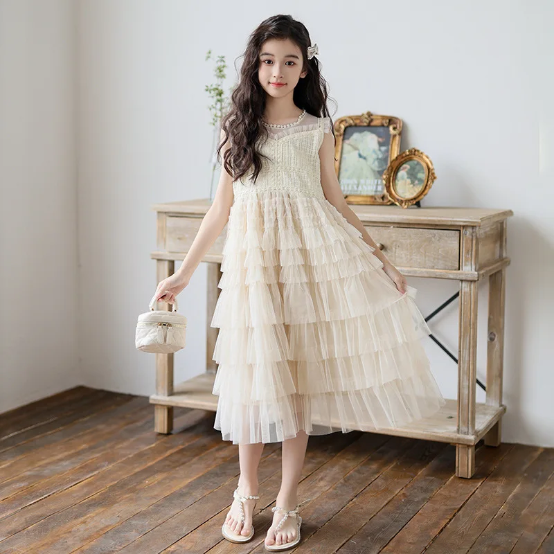 Tulle Tiered Dress for Girls 2025 New Summer Sleeveless Vest Princess Dress Daily Party Holiday Beige Teenage Children Clothes - Image 3