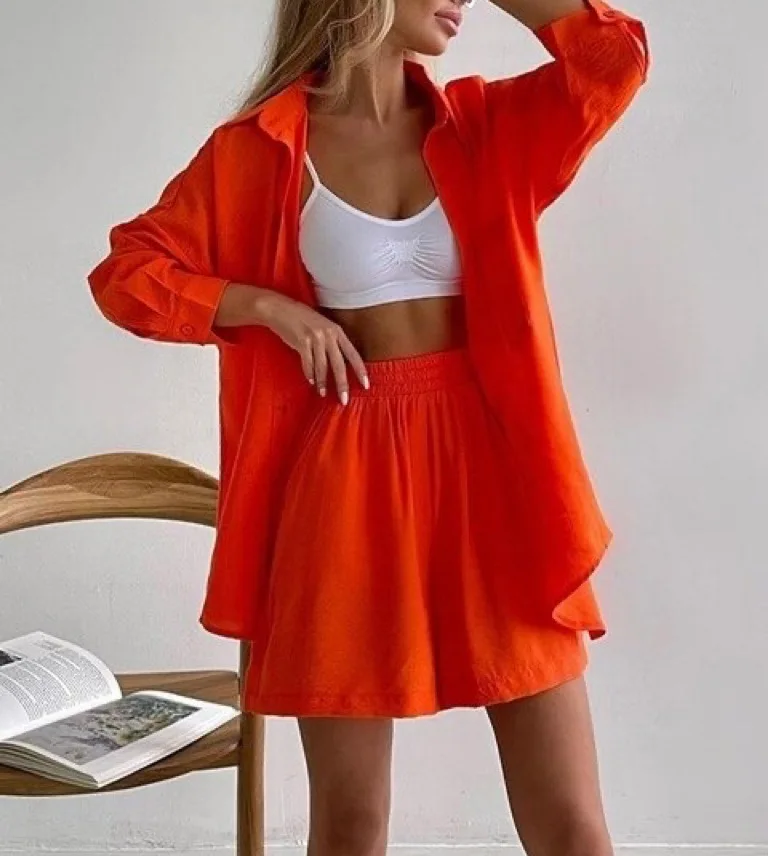 2024 Summer Women's Suit Shirt and Short Sets Solid Color Casual Cotton and Linen Blouse and Shorts Two Piece Sets Women Outfit