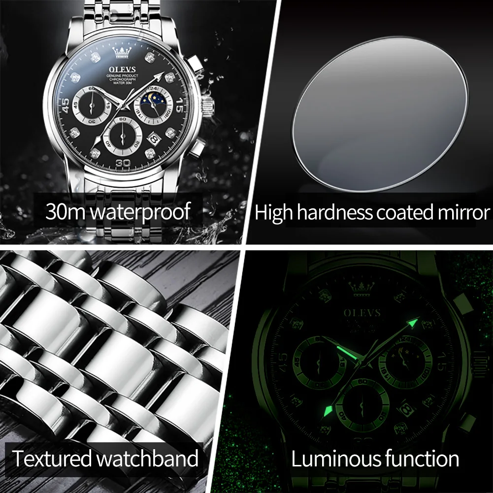 OLEVS 2889 Multi-function Waterproof Quartz Watch For Men Stainless Steel Strap Men Wristwatch Luminous Chronograph Watches Gift