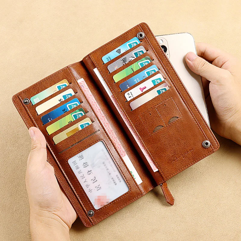 Genuine leather men purse the first layer of cowhide retro business long style with buckle multi clip cowhide handbag new style