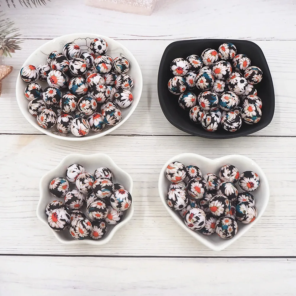 

Chenkai 50PCS 15mm Daisy Print Silicone Beads Baby Round Shaped Beads BPA Free Teething DIY Sensory Chewing Toy Accessories