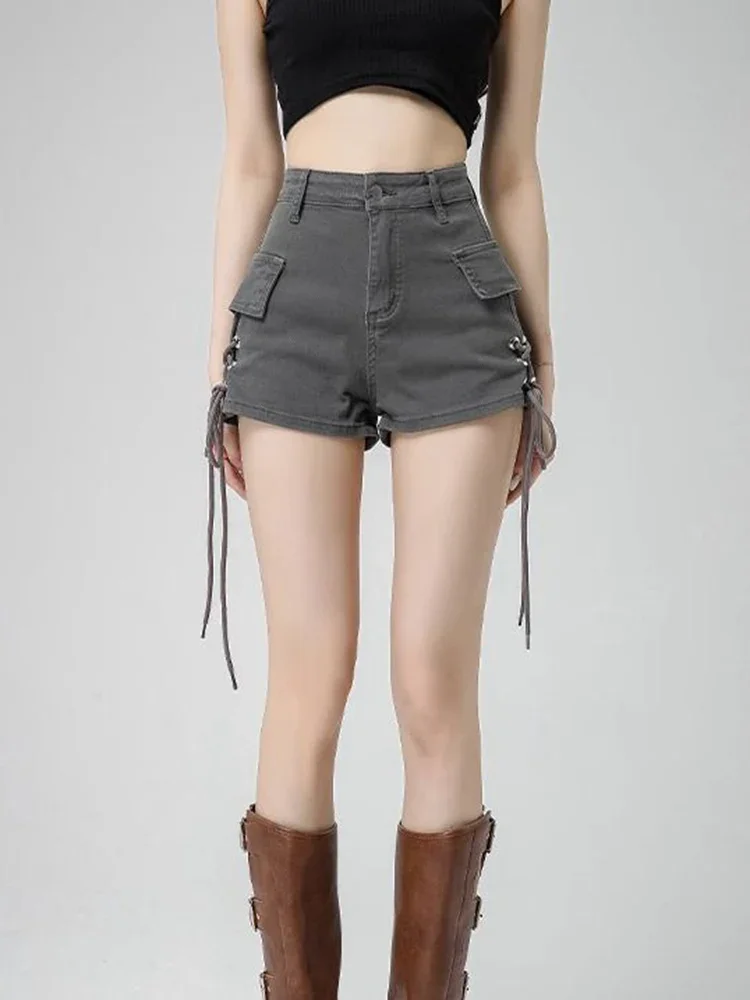 2024 Vintage Streetwear Denim Cargo Shorts Women Sexy High Waist Grey Shorts Slim Lace Up Amercian Retro A Line Shorts