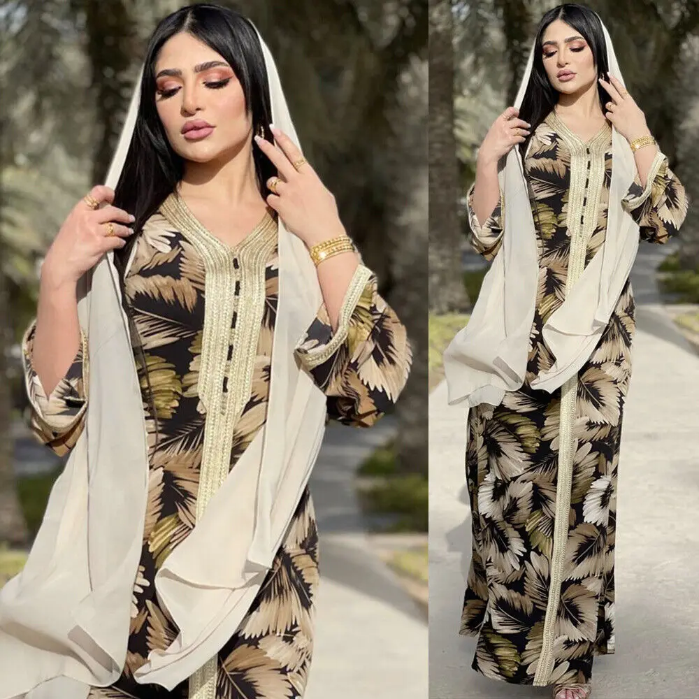 

Vintage Muslim Women Moroccan Abaya Long Sleeve Maxi Dress Kaftan Evening Caftan