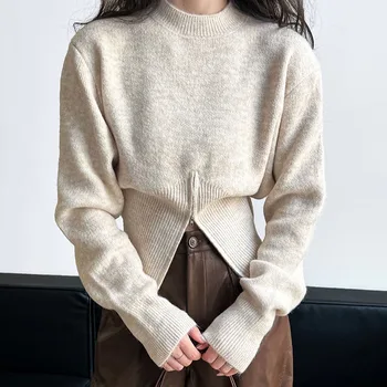 سترة ريترو أنيقة للخريف والشتاء موضة غير رسمية متعددة الاستخدامات محبوكة بخصر محبوك بلوفرات بأكمام طويلة ورقبة وهمية 2