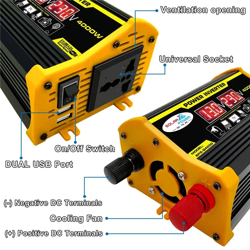 4000W 차량용 파워 인버터 컨버터 어댑터 12V에서 110/220V 전압 변환기 LED 디스플레이 듀얼 USB 가정용 차량용 수정된 사인파