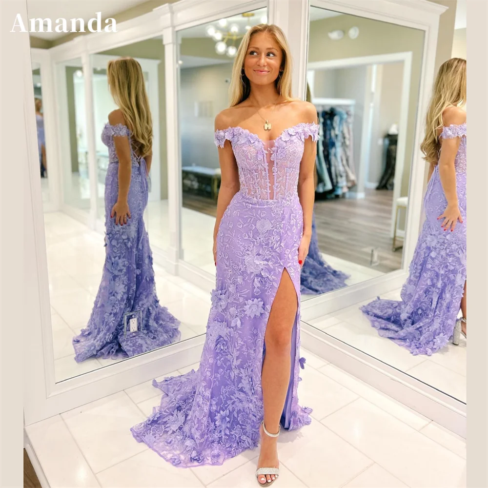 

Amanda Princess Off Shoulder Prom Dress 2024 Lavender 3D Flower Mermaid Formal Occasion Dresses Lace Corset Party Dress