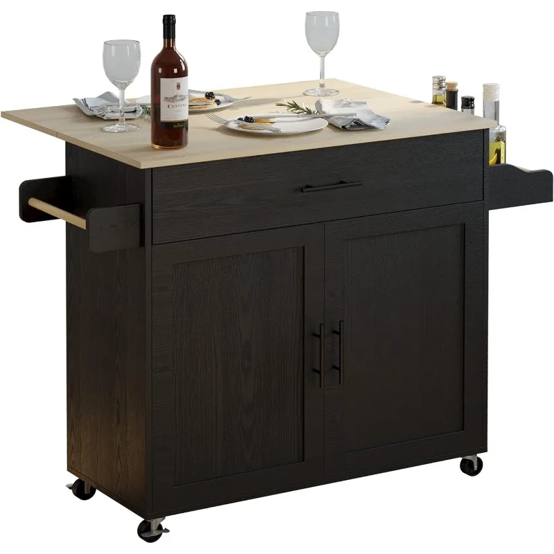 

Rolling Kitchen Island Table on Wheels with Drop Leaf, Storage Cabinet, Drawer, Spice/Towel Rack, Kitchen Cart