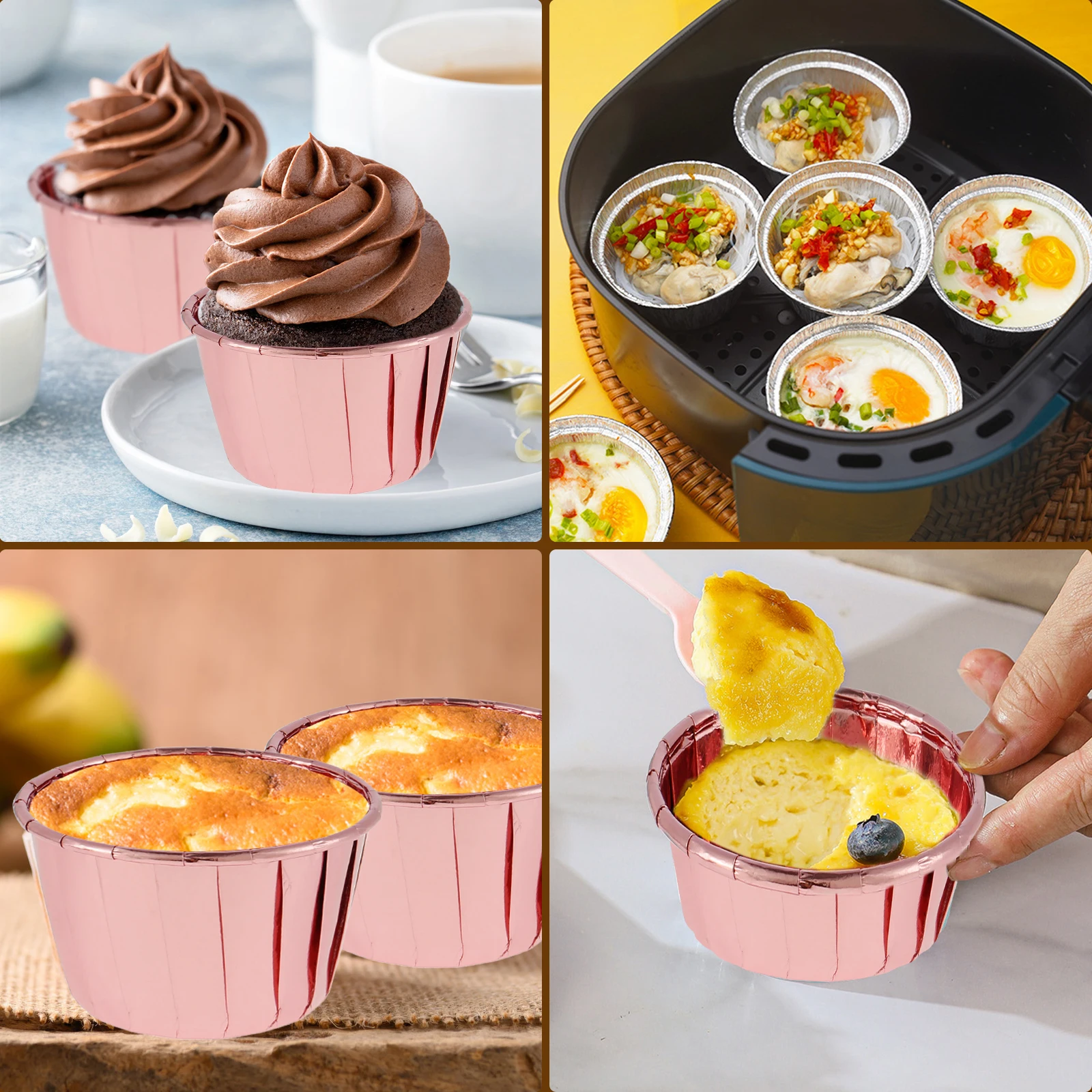 50pcs Foil Cupcake Liners with Lids Round Aluminum Muffin Cake Holders Pans Baking Cups Tray 5.5oz Heat Resistant Cake Cups