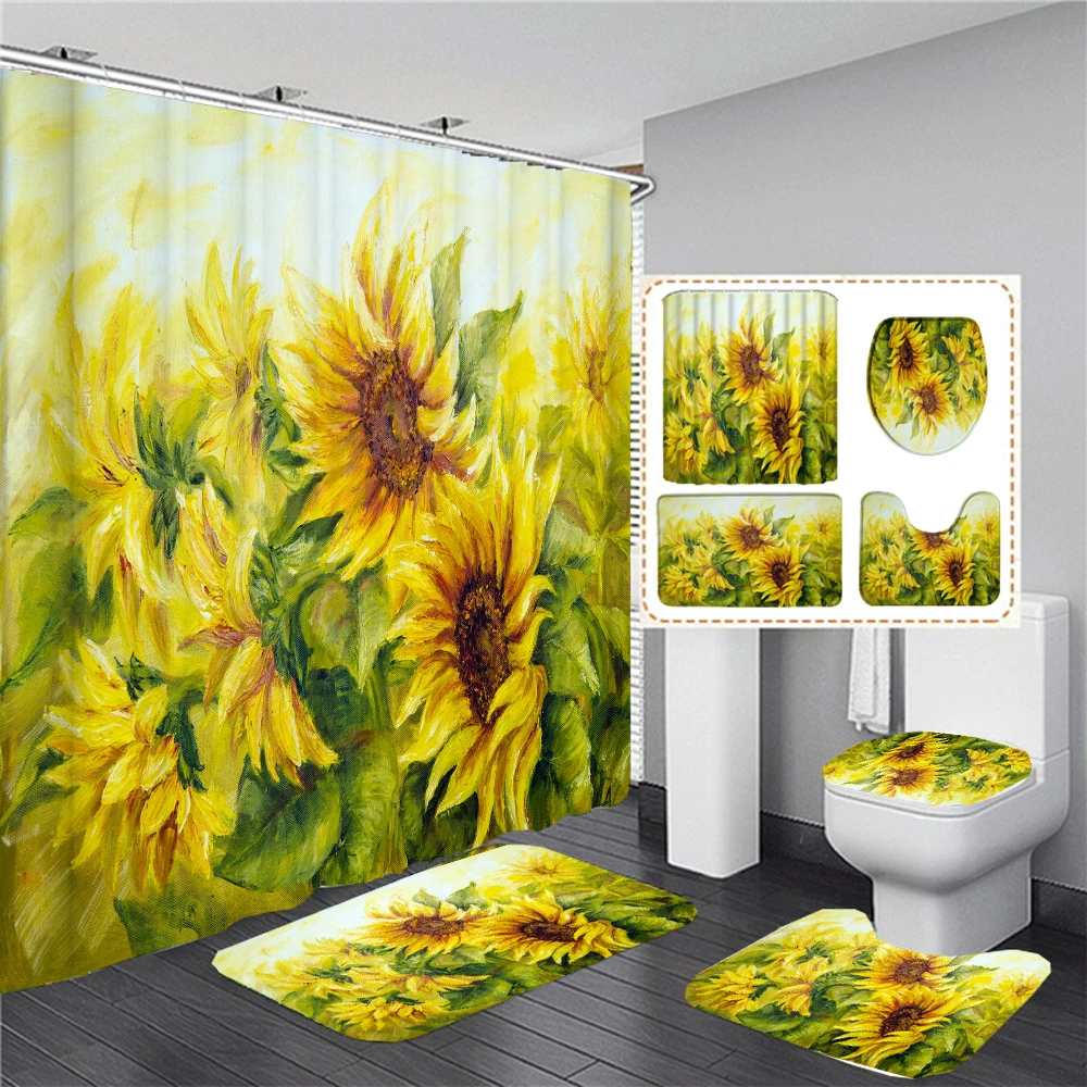 

Sunflower Flowers Printed 3D Shower Curtain Waterproof Bathroom Curtain Anti-slip Bath Mat Set Toilet Rugs Carpet Home Decor