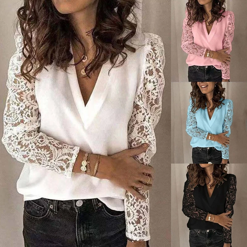 

Tee OL T Shirt Lace Fitted V neck Womens Tops Holiday Blouse Long Sleeve
