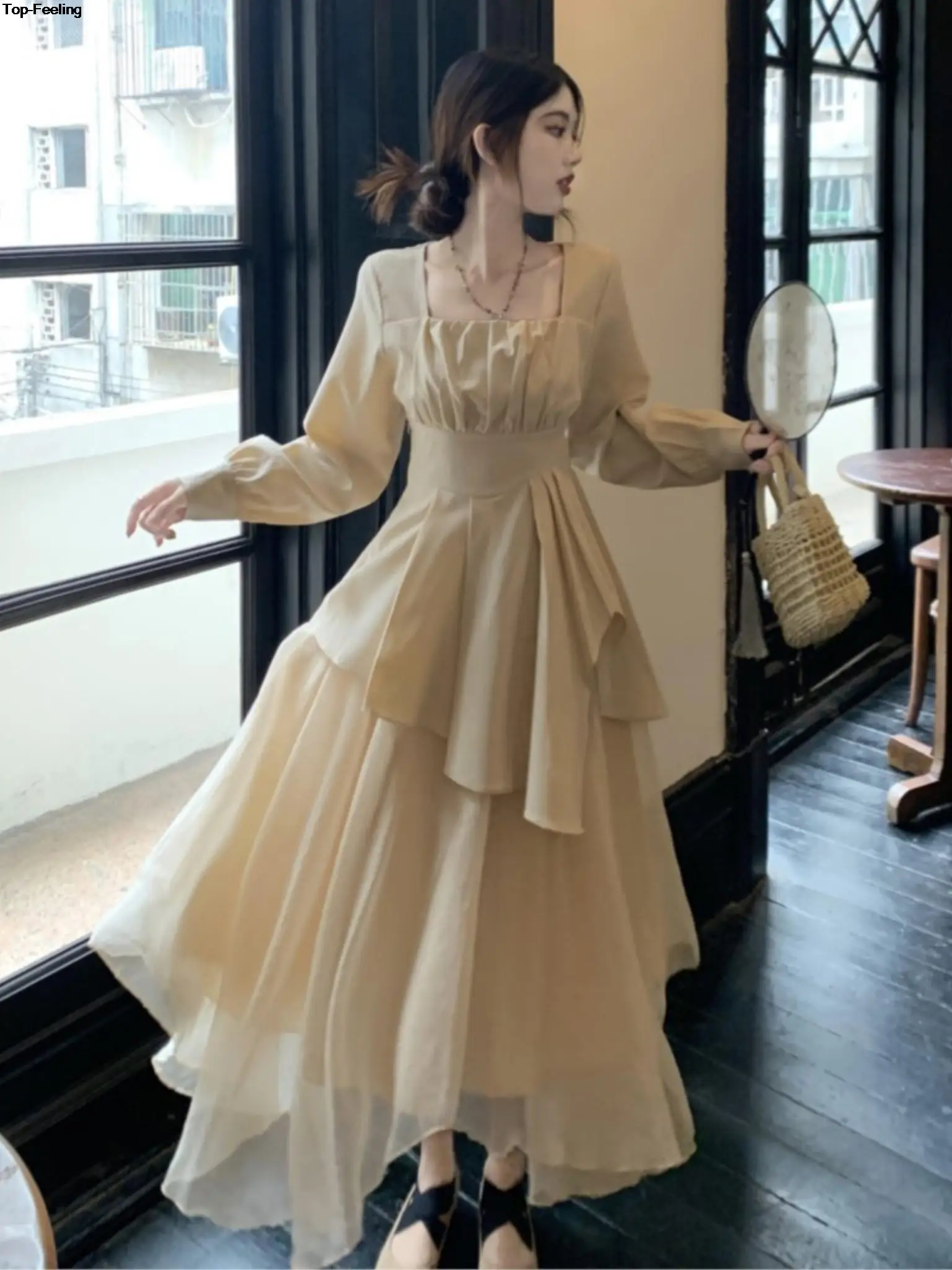 Women's pure color temperament elegant square collar two-wear long skirt with one word collar main image 1