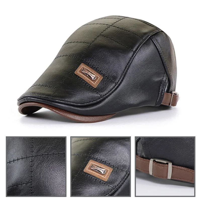 Leather Berets Hat Men Classic Office Caps Adjustable Buckle Beret Comfortable Retro Hats Autumn Winter Golf Cap golf caps