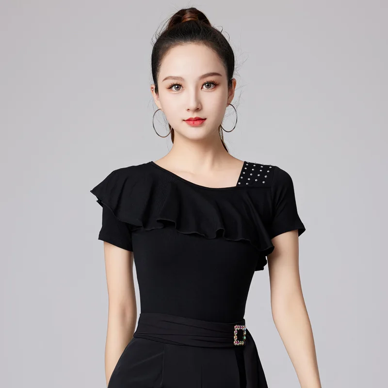 Solid Color Latin Dance Costume Evening Tops Tango Jazz Rhinestones Wear Waltz New Belly Woman Short Sleeve Ruffle T-shirt