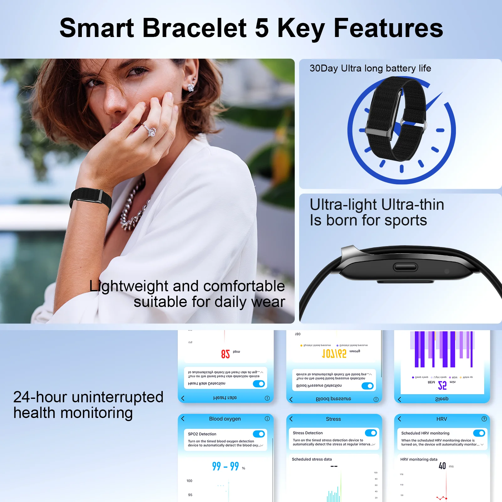 Smart Bracelet Women Men Heart Rate Blood Pressure SpO2 Sleep Tracker Activity & Fitness Trackers 170+ Sports Modes Wristbands