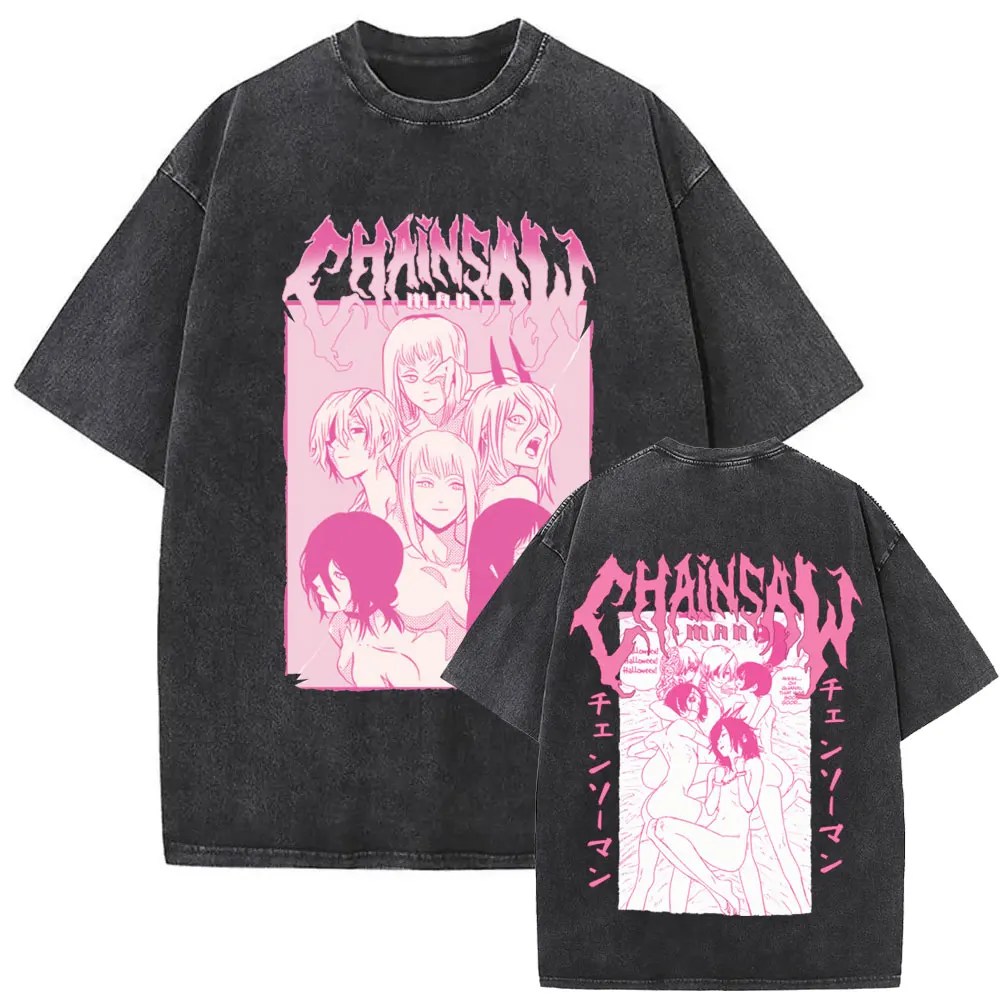 Anime Kettensäge Mann Gewaschen Vintage Übergroßen T-shirt Sexy Makima Reze Power Grafik T-shirt Männer Frauen Casual Otaku Locers T Shirt