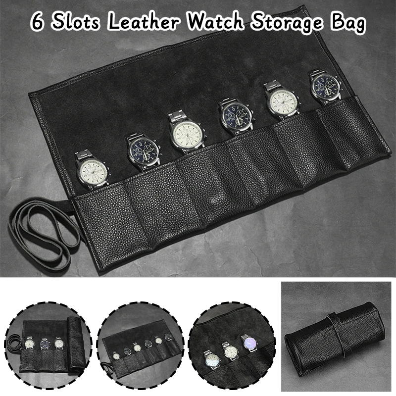 Roll up Watch Bag Portable Travel Display Smart Watch Storage Box 6 Slots Black Leather Storage Bag Watches Accessories