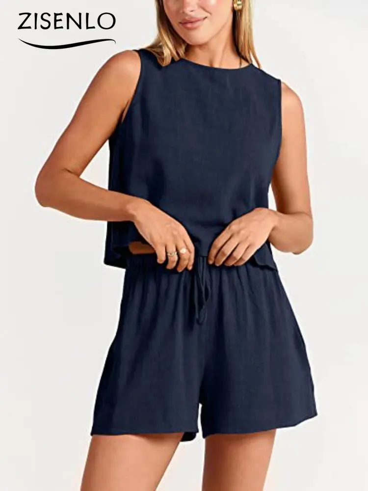 ShortSetsSummerOutfitsforWomen2023CasualSleevelessSolidColor