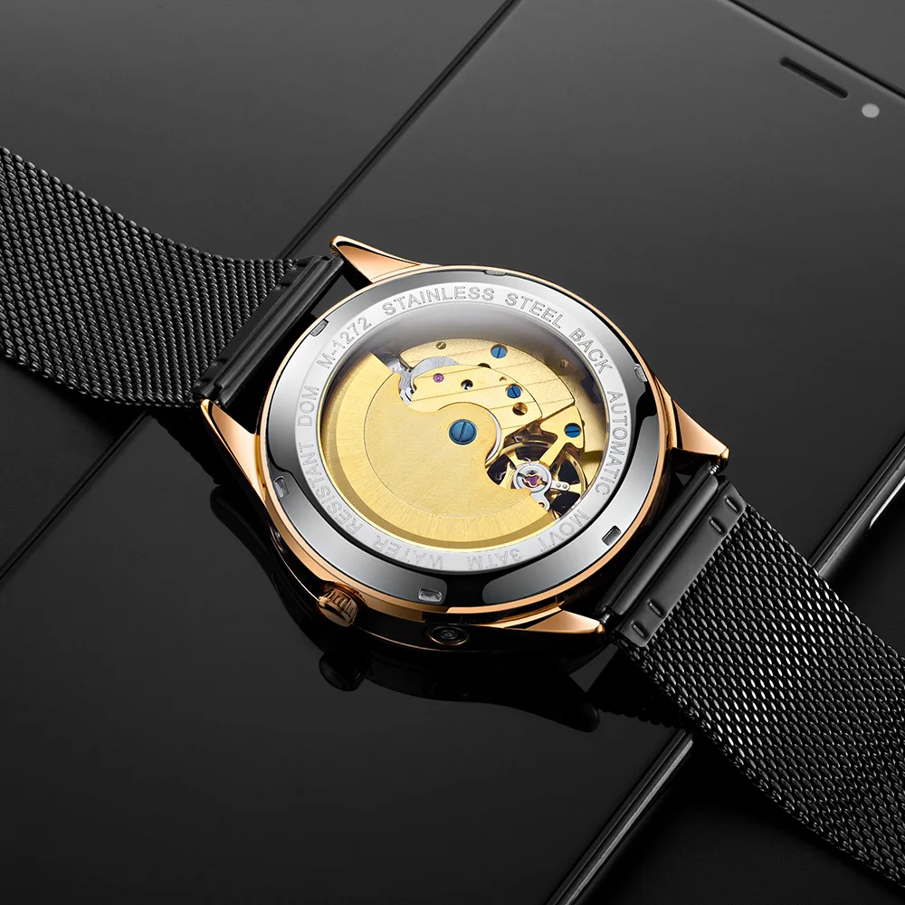 DOM Fashion Mens Watches Top Brand Luxury Skeleton Watch Men Sport Steel Tourbillon Automatic Mechanical Wristwatch M-1272