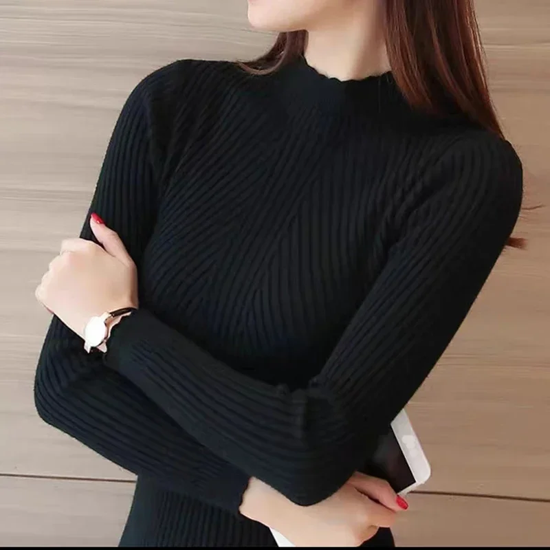 

Women Mock Neck Ruffles Sweater Long Sleeve Knitted Bottoming Solid Pullovers Stripe Casual Sweater For Women 2024 Autumn