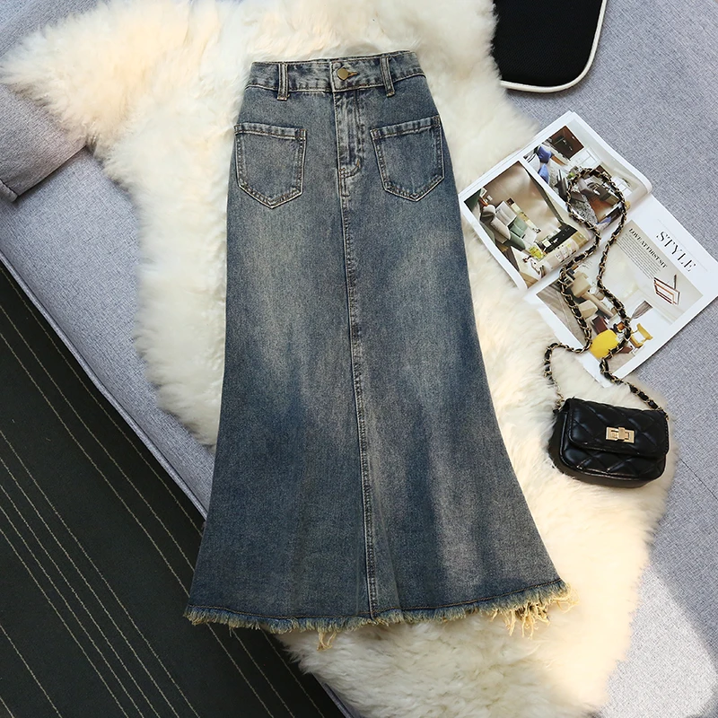 

Y2k Simple Slim Denim Skirt Summer Women's High Waist A-line Street 90s Fashion All-match Vintage Mermaid Jean Skirts Long