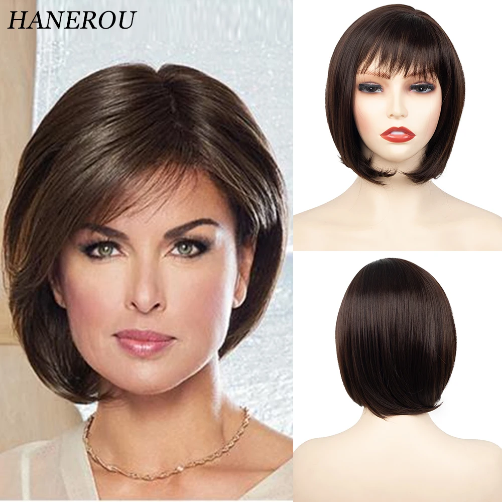 

HANEROU Women Short Bob Straight Wig with Bangs Synthetic Brown Natural Hair Heat Resistant Wig for Daily Party Cosplay