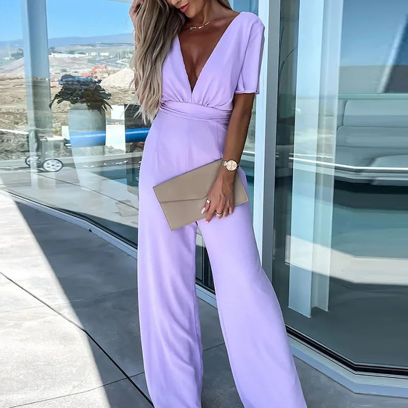 

Commuter Lady Elegant Straight Jumpsuit New Spring Solid V Neck Women Playsuit Romper Summer Short Sleeve Wide Leg Pant Overalls