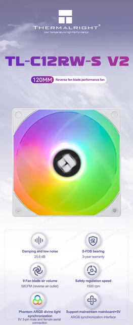 Thermalright TL-C12RW-S V2 Ventola PC 120mm ARGB - Ventola Inversa, PWM, 1500RPM, Bianco