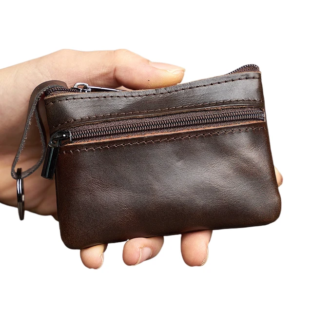 Mini porte-monnaie en cuir unisexe, simple, portable, première couche, cuir de vachette, rétro, fait à la main, fermeture éclair, petit portefeuille, étui à clés 1