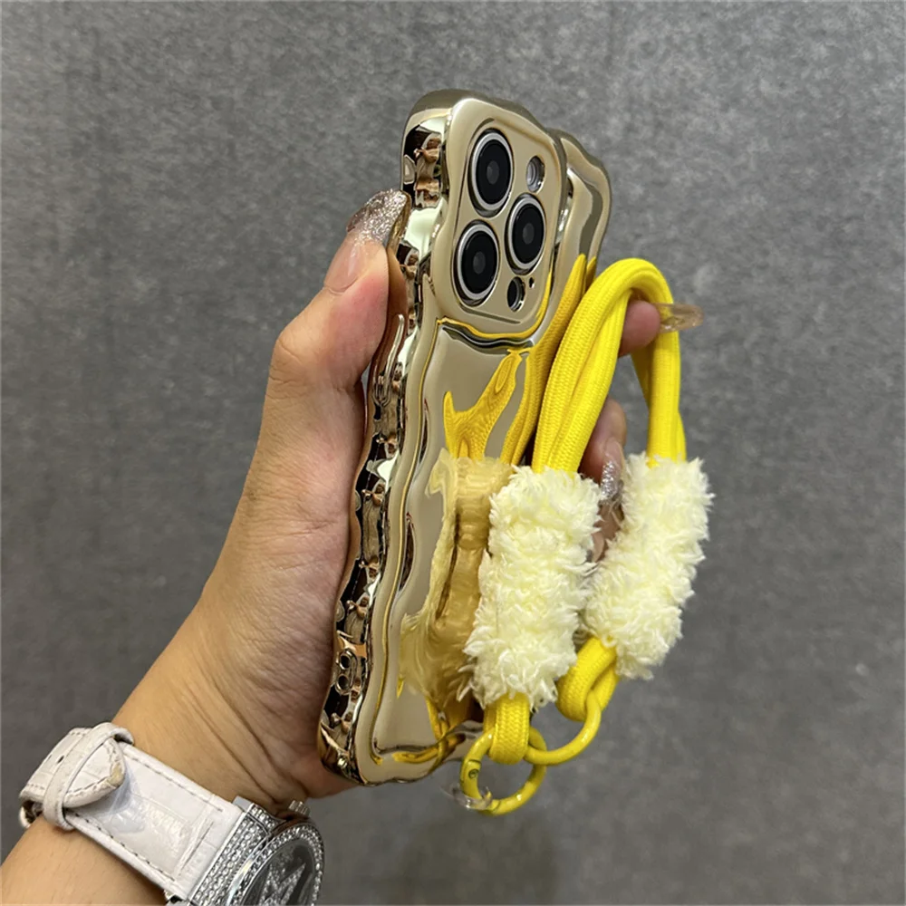 Luxury Curly Wave Semi-Plush Phone Case with Lanyard and Wrist Strap