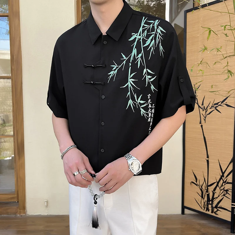 

Summer Mid-Sleeve Men Hanfu Dial Buckle Shirt Improved New Chinese Contrast Color Bamboo Embroidery Men's Ice Silk Thin Shirts