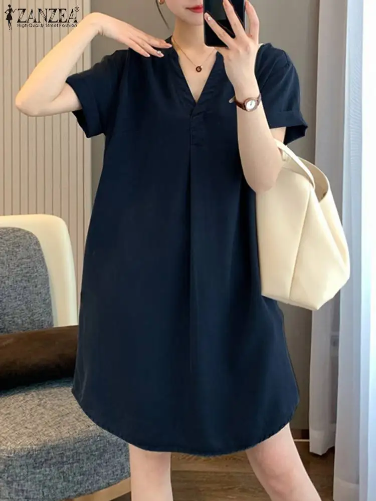 

Vintage V-neck Short Vestidos ZANZEA Fashion Women Solid Mini Dress Holiday Casual Loose Short Sleeve Robe 2023 Summer Sundress
