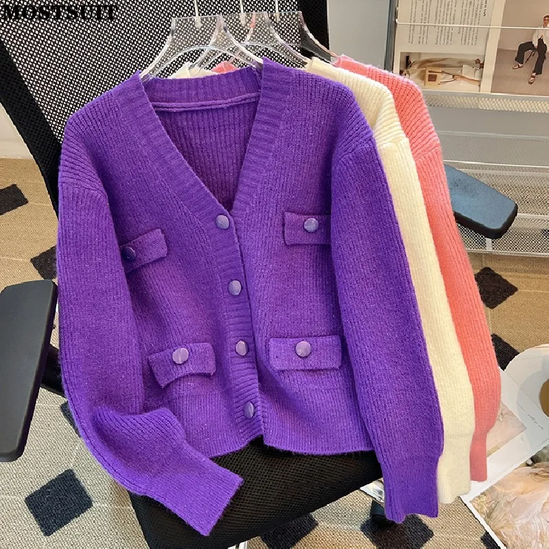 

Solid Fashion V-neck Knit Cardigan Sweater Women Knitwear Tops 2024 Spring Long Sleeve Single-breasted Elegant Vintage Jumpers