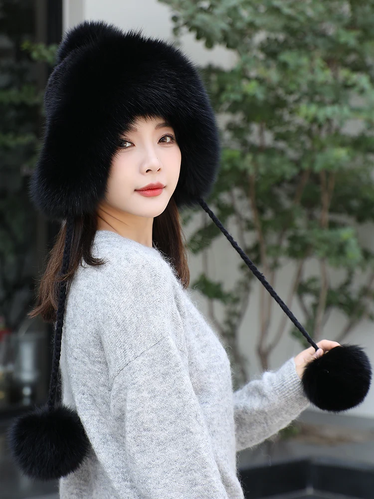 Real Mink Fur Hat with Fox Fur Ball Earmuffs Protective Cap Winter Hat for Women Russian Autumn Hat Fox Fur Beanies Fall Bonnet 5