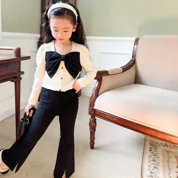 

2024 Girls Fashion Clothing Set Big Bow Tops Shirts+Pants,Kids Spring Autumn Elegant Girl 2pieces Suits Children Clothes 4-14age