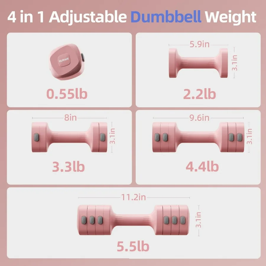 Lightweight Adjustable Dumbbell Kettlebell Set - 4 in 1 Free Weight Set with Kettlebell Grip Converter, Each 2.2 3.3 4.4 5.5lb Q