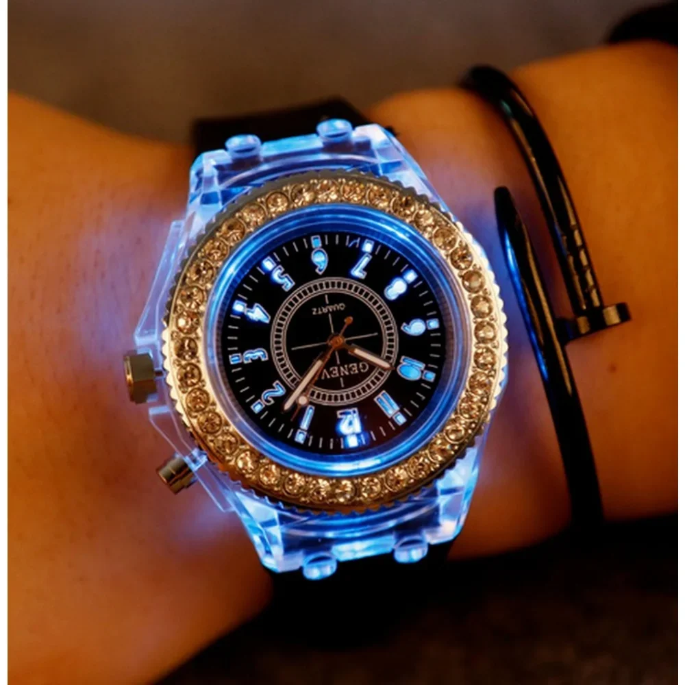 Luminous Personality Rhinestone LED Smart Watch Harajuku Korean Fashion Trend Male and Female Student Couple Jelly Quartz