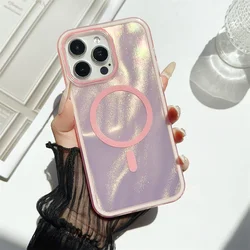 Glitter Water Ripple Dazzling Aurora MagSafe Phone Case with Wireless Charging Laser Cover - iPhone 12 (Pink)