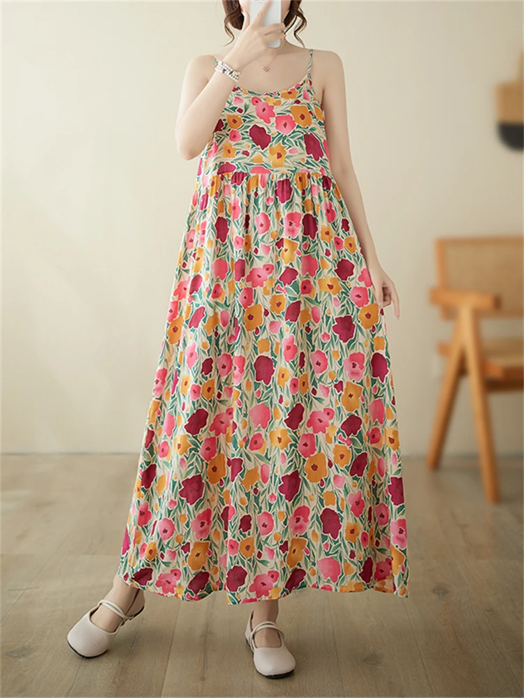 Sleeveless Strap Print Dresses For Women 2024 Summer Cotton Vintage Casual Loose Long Dress Femme Robe Beach Elegant Clothing