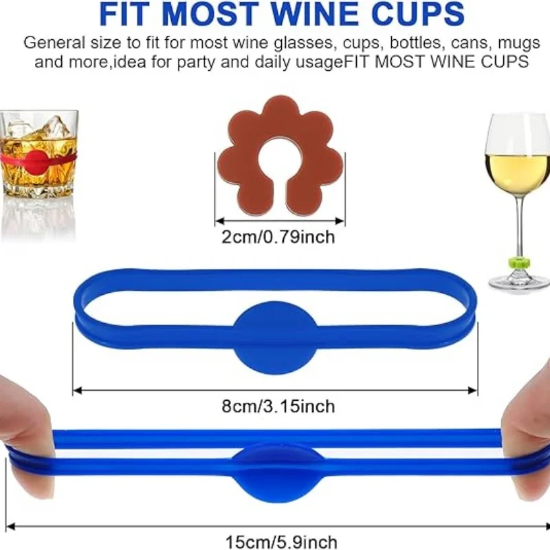 Wine Glass Charms Reusable Silicone Drink Marker Bands Bottle Strip Tag Glass Identifiers for Party Cocktail Champagne