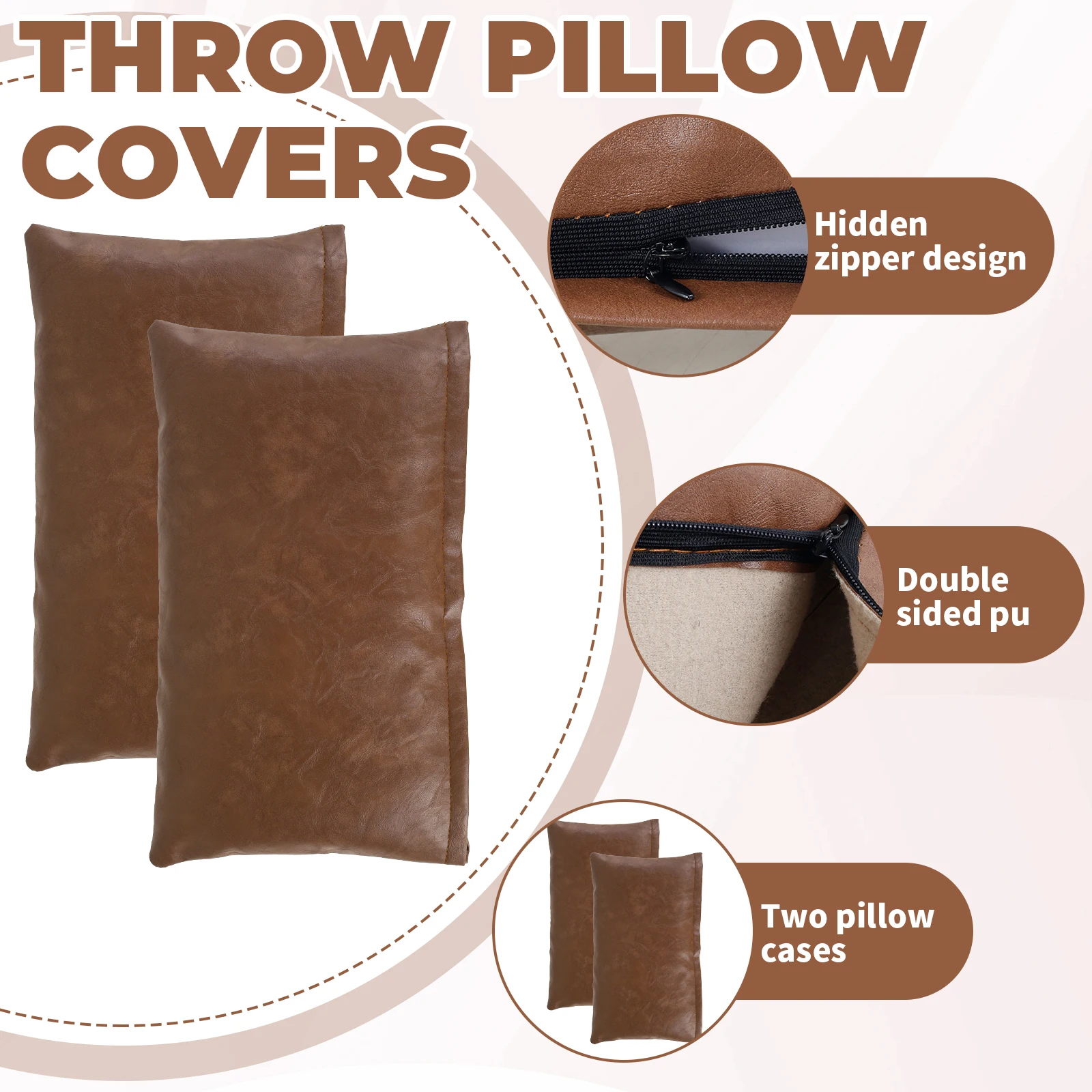 2Pcs Faux Leather Throw Pillow Cover Square/Rectangle Sofa Cushion Case with Hidden Zipper PU Leather Pillow Case Decorative