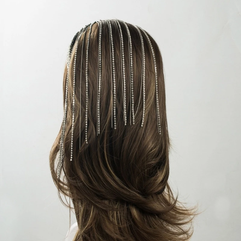 MXME Shimmering Rhinestones Tassels Headband Crystal Headwear with Flowing Fringes Women Hairband Stylish Wedding Accessory