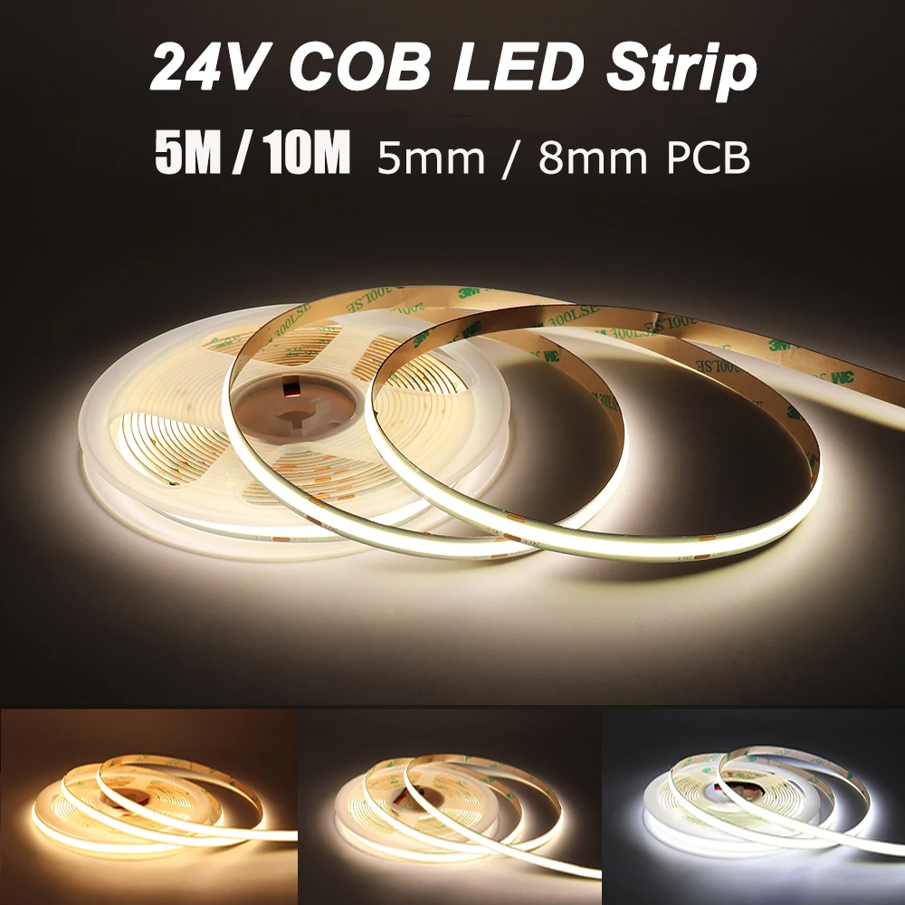 5M/10M COB LED Strips Lights High Density Flexible Lamp RA90 Warm Nature Cool White Dimmable 24V Led Light Tape 312 384 LEDs
