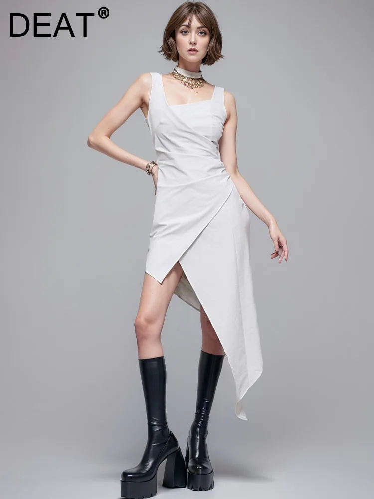 

DEAT Fashion Women Dress Asymmetric Collar Sleeveless Waist Retraction Irregular Hem Slim Folds Dresses Summer 2024 New 7AB4196