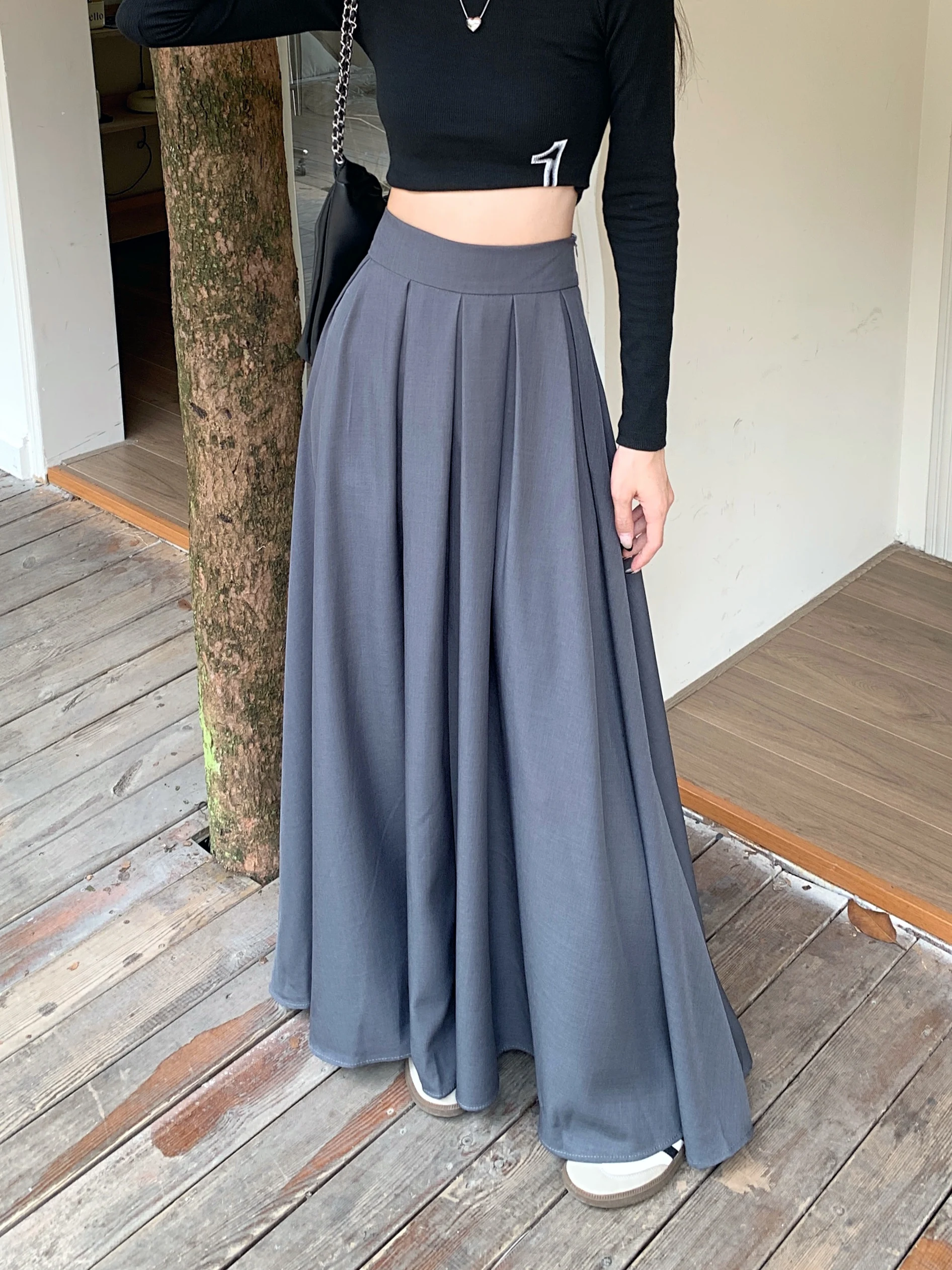 Elegant Women Long Grey Black Suits Skirts For Female OL Casual Loose High Waist Pleated Maxi Skirt 2024 Spring Summer SK85