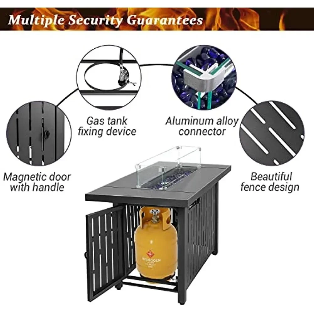 Outdoor Gas Fire Pit Table 43 Inch 50,000 BTU Steel Propane Firepit with Wind Guard and Blue Glass Rock camping fire pit
