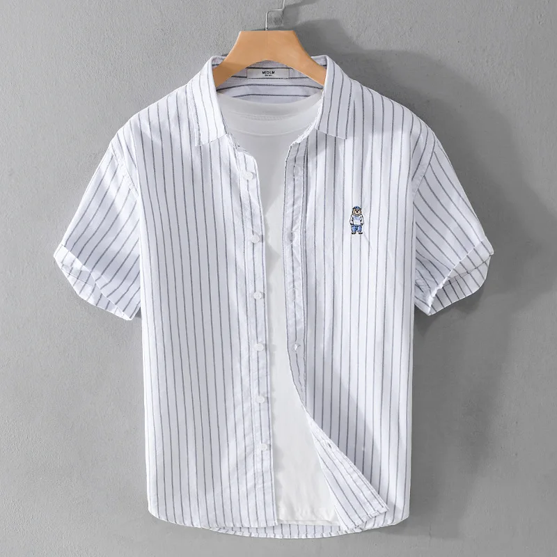 

New Short Sleeve Bear Embroidered Casual Cotton Shirts For Men Trend Comfortable Top Clothes stripe shirt