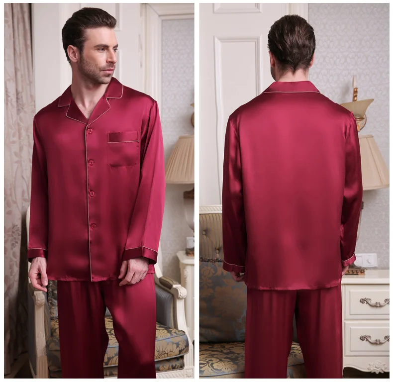 Genuine Silk Pajamas Male Spring Summer Long-Sleeve Pants Two-Piece Pyjama Sets 100% Silkworm Silk Men's Sleepwear mens pyjama tops