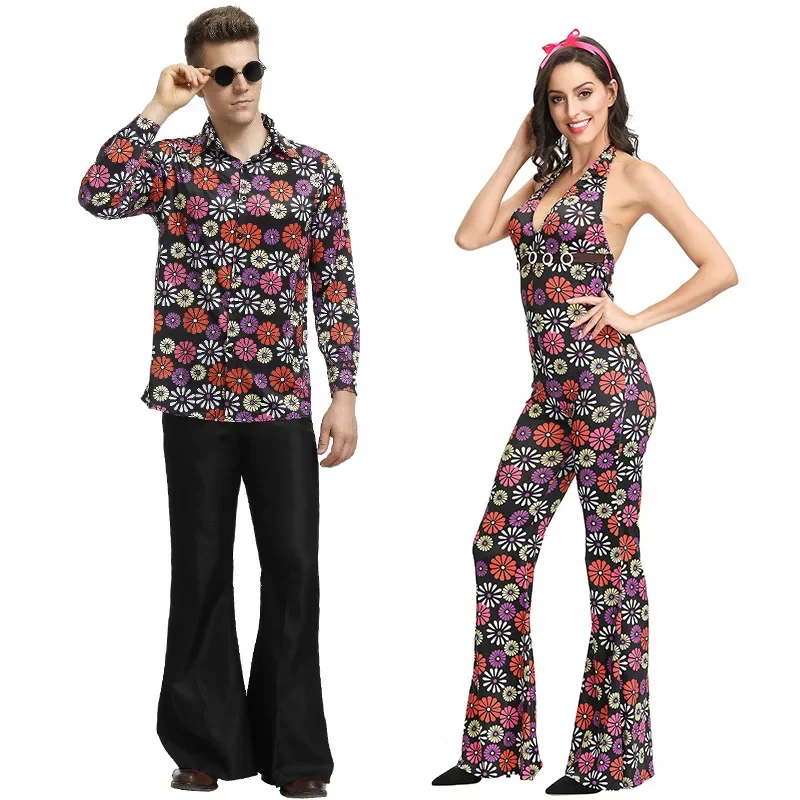 

Fancy Hip Hop Costume Cosplay For Adult Couple 90's Retro Floral Party Dress Up Halloween Costume For Men Women Suit