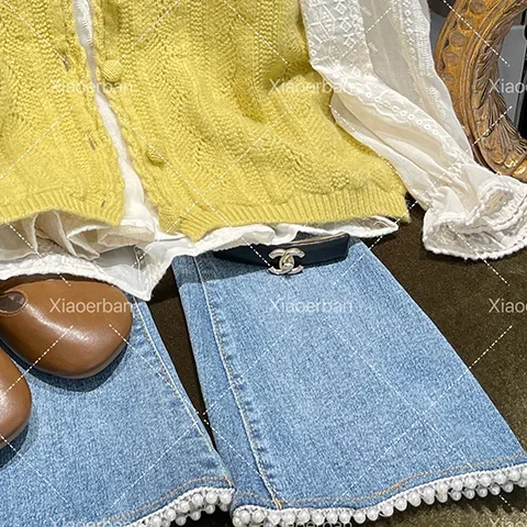 Girls Clothes Suit New Little Girl Fashion Style Knitted Waistcoat Childrens Jeans Spring and Autumn Girls Three-piece Set